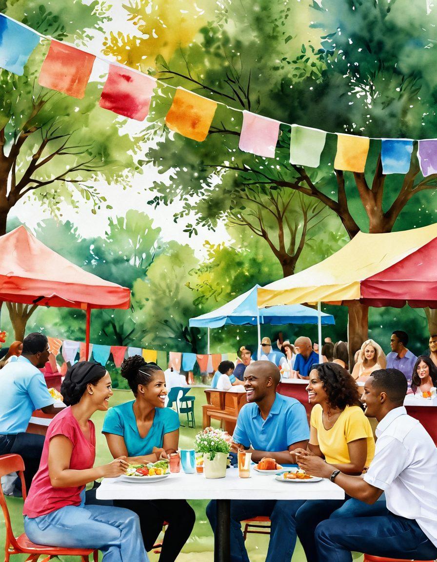 A heartwarming scene depicting a diverse group of people joyfully participating in a community event, with colorful banners and booths in the background. Couples of varying ages engage in conversation, laughter, and activities that symbolize companionship and connection. Soft, warm lighting enhances the intimate atmosphere, with a focus on expressions of joy and friendship. Add elements of nature like trees and flowers to create a vibrant, inviting space. watercolor style. vibrant colors.
