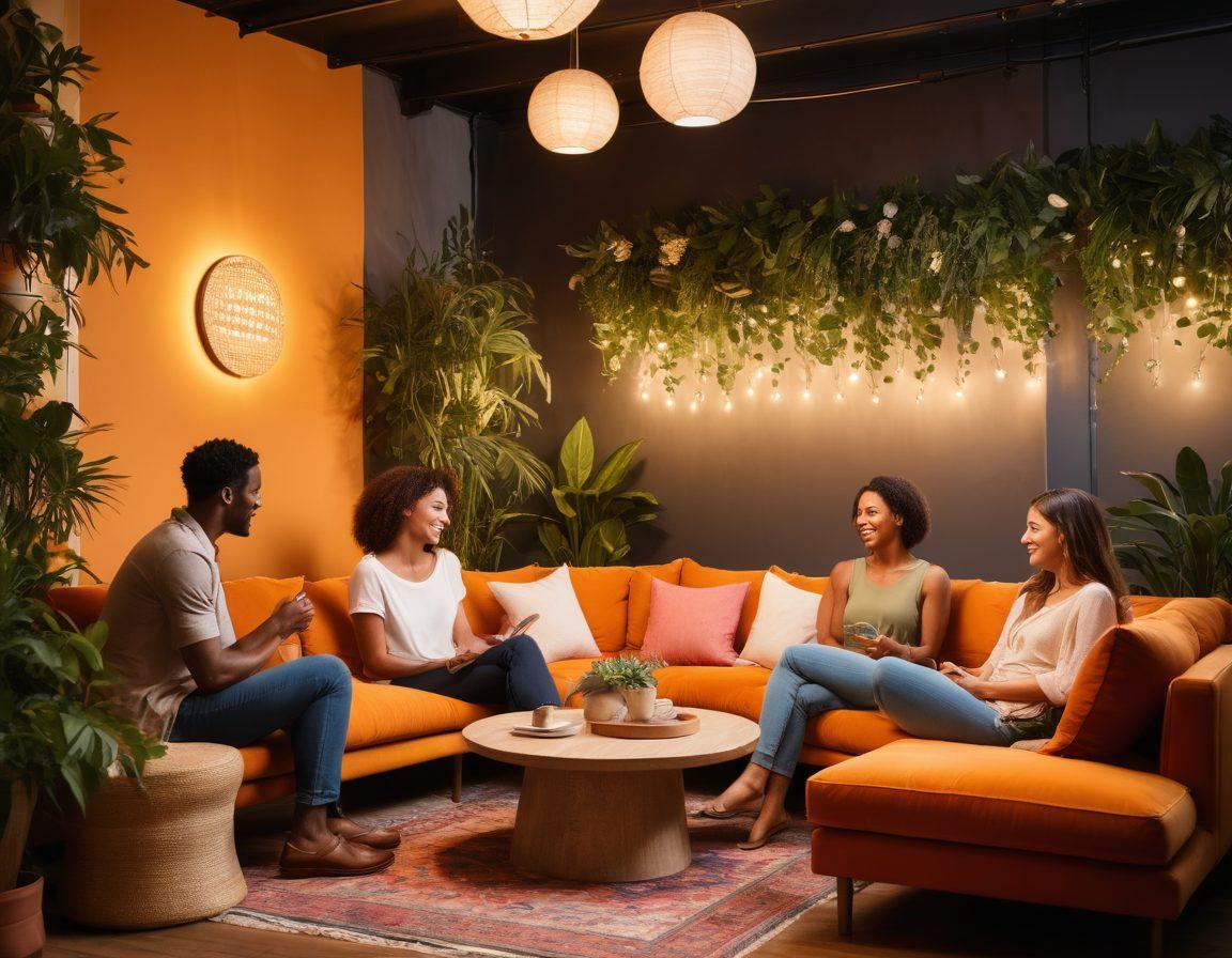 A cozy social club setting featuring diverse groups of people engaged in deep conversations, with warm lighting and comfortable seating. Include subtle elements like laughter, shared smiles, and a sense of connection through body language. Integrate decorations that evoke intimacy, such as soft cushions and hanging plants. The overall mood should feel inviting and warm, suggesting the growth from casual flirting to meaningful connections. vibrant colors. soft focus. warm lighting.